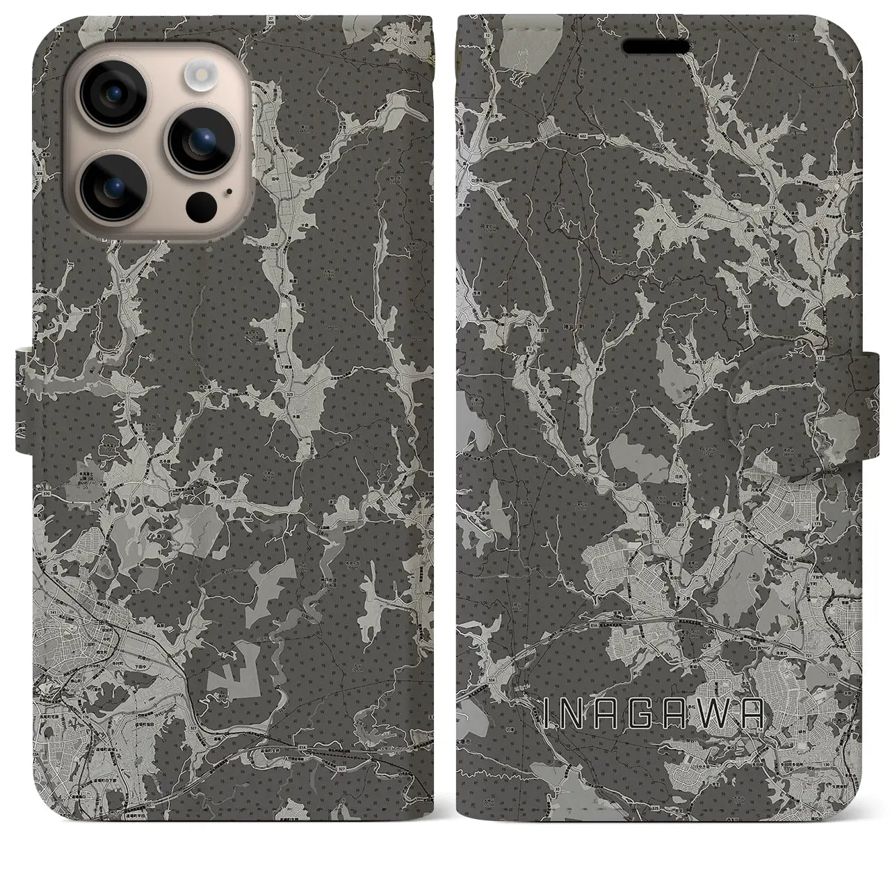 【猪名川(兵庫県)】地図柄iPhoneケース(手帳タイプ)モノトーン・iPhone 16 Plus 用