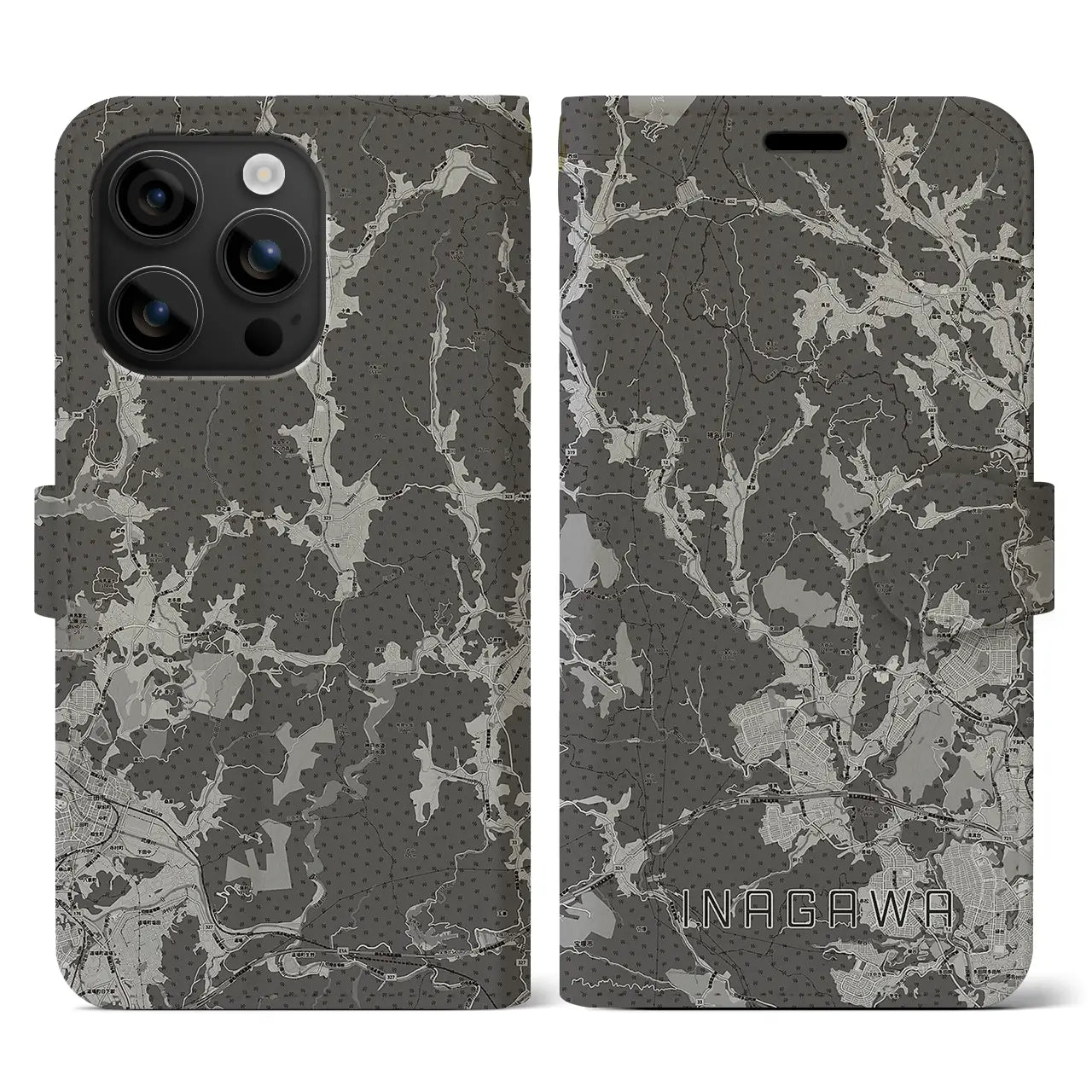 【猪名川(兵庫県)】地図柄iPhoneケース(手帳タイプ)モノトーン・iPhone 16 用