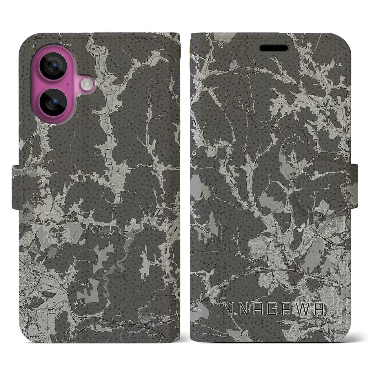 【猪名川(兵庫県)】地図柄iPhoneケース(手帳タイプ)モノトーン・iPhone 16 Pro 用