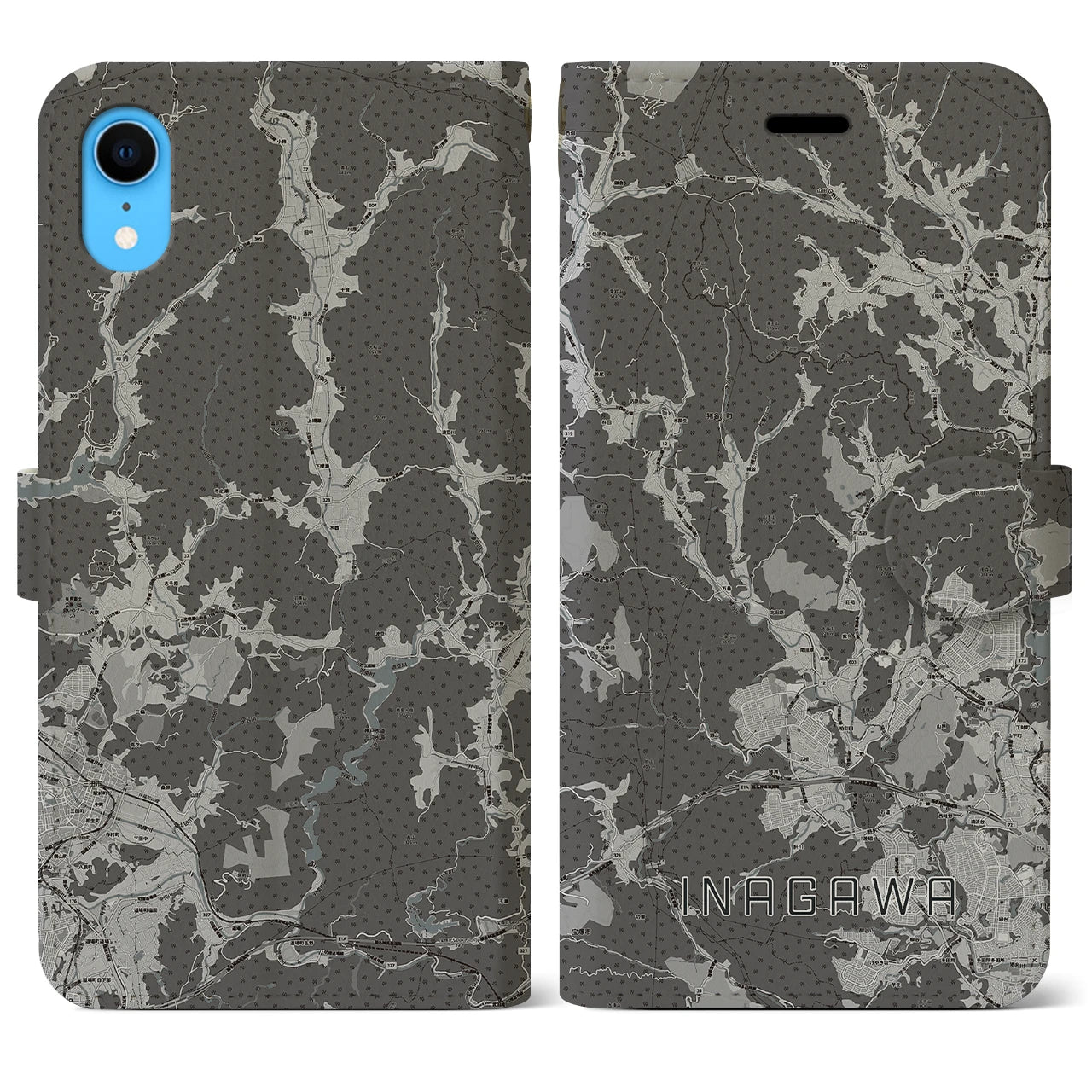 【猪名川(兵庫県)】地図柄iPhoneケース(手帳タイプ)モノトーン・iPhone XR 用