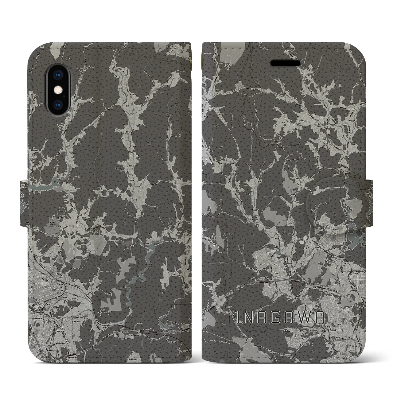 【猪名川(兵庫県)】地図柄iPhoneケース(手帳タイプ)モノトーン・iPhone XS / X 用