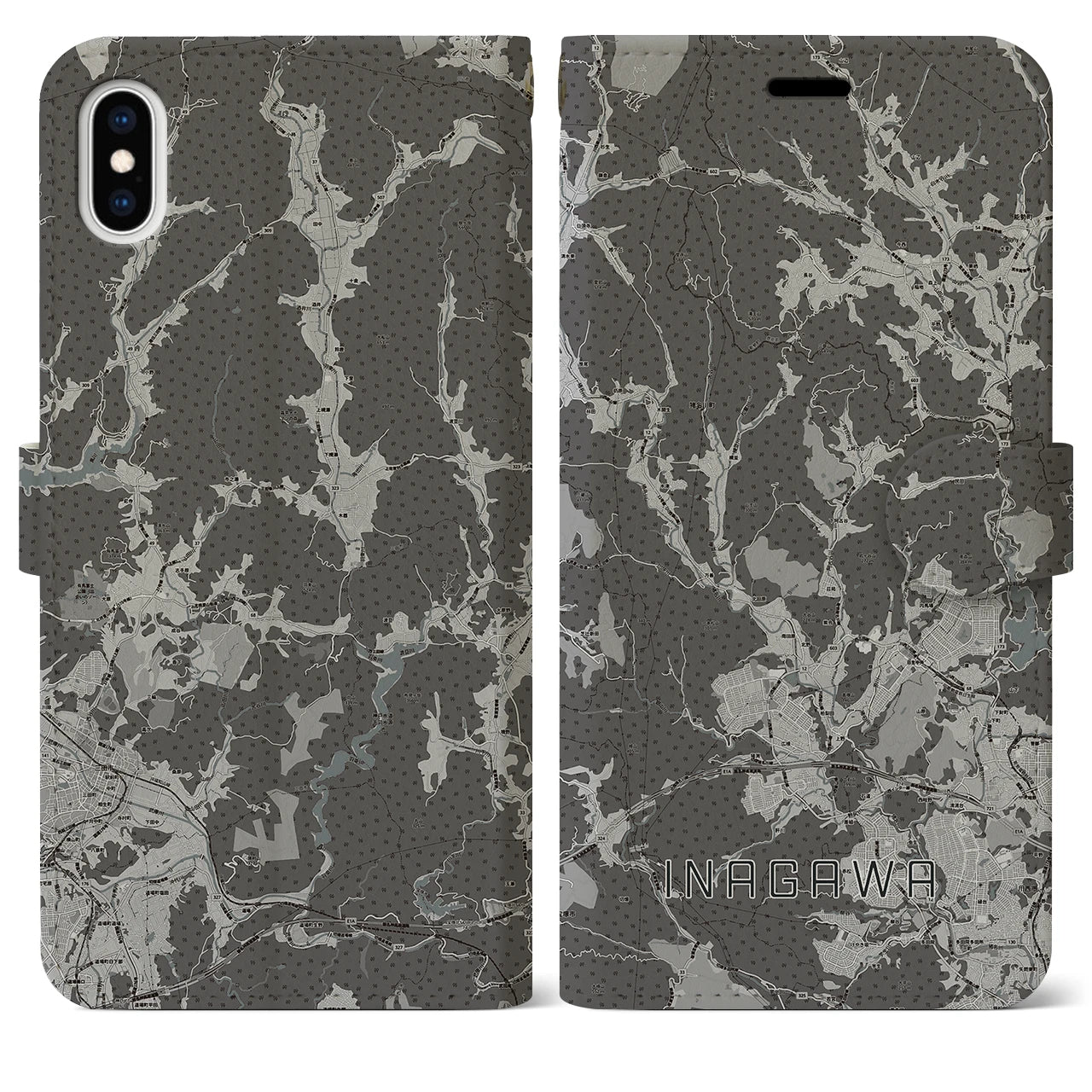【猪名川(兵庫県)】地図柄iPhoneケース(手帳タイプ)モノトーン・iPhone XS Max 用