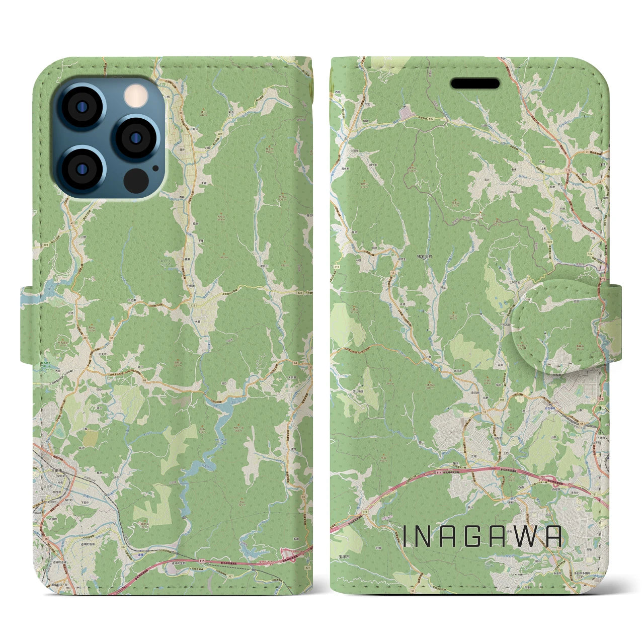 【猪名川(兵庫県)】地図柄iPhoneケース(手帳タイプ)ナチュラル・iPhone 12 / 12 Pro 用