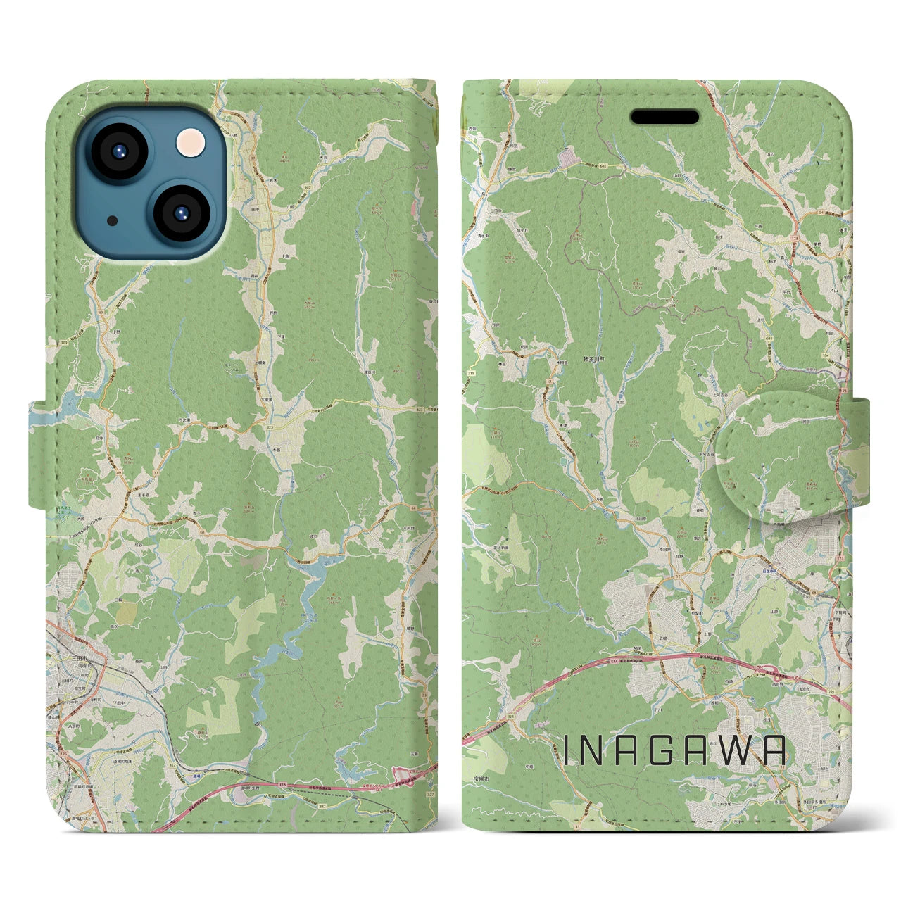 【猪名川(兵庫県)】地図柄iPhoneケース(手帳タイプ)ナチュラル・iPhone 13 用