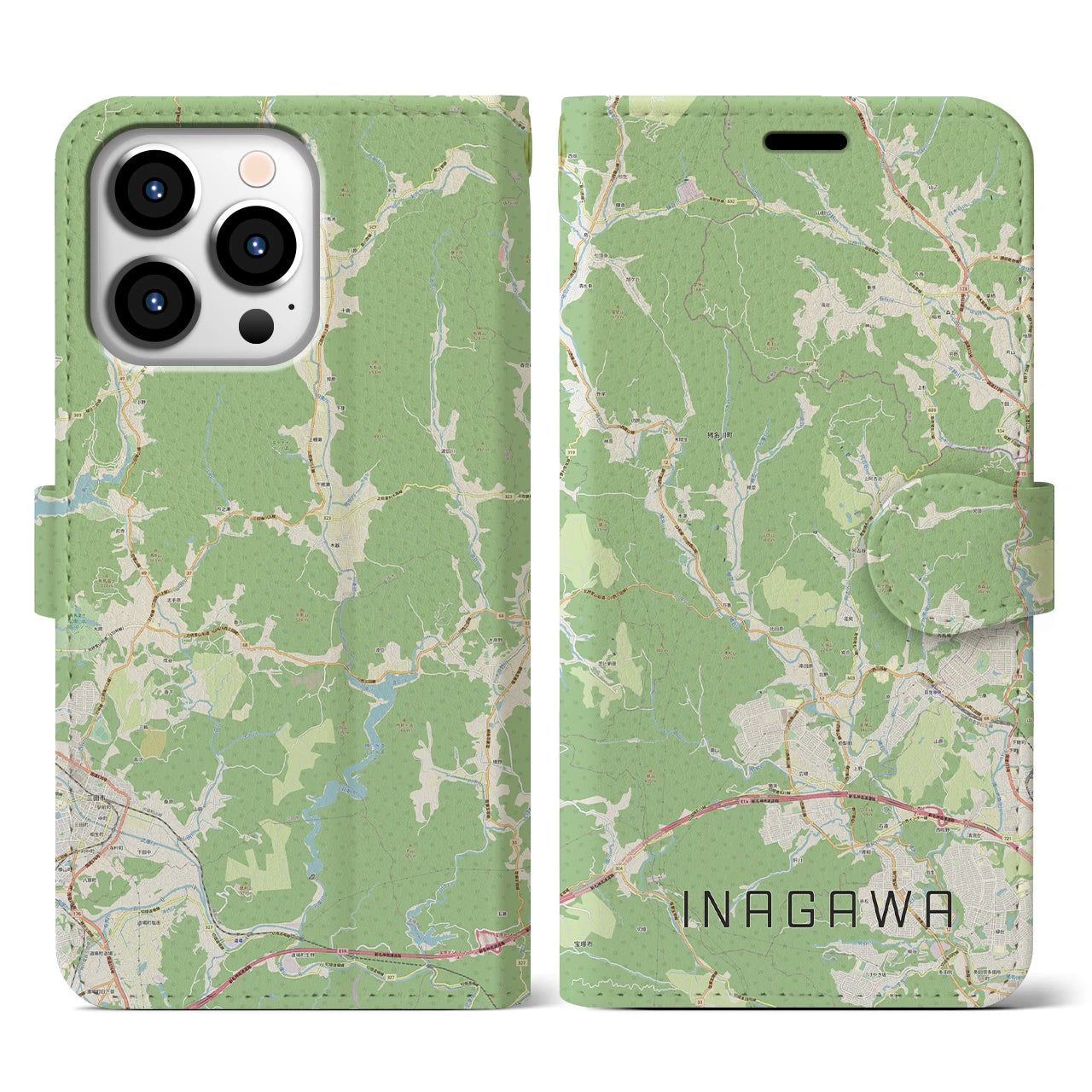 【猪名川(兵庫県)】地図柄iPhoneケース(手帳タイプ)ナチュラル・iPhone 13 Pro 用