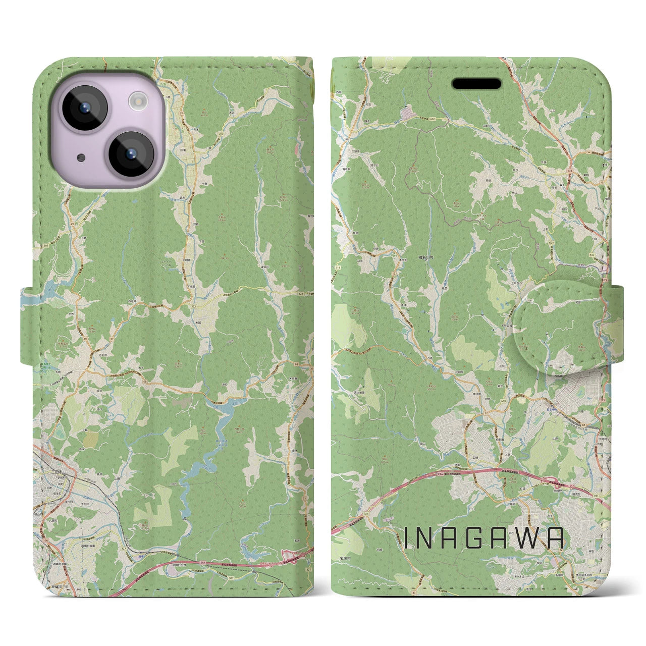 【猪名川(兵庫県)】地図柄iPhoneケース(手帳タイプ)ナチュラル・iPhone 14 用