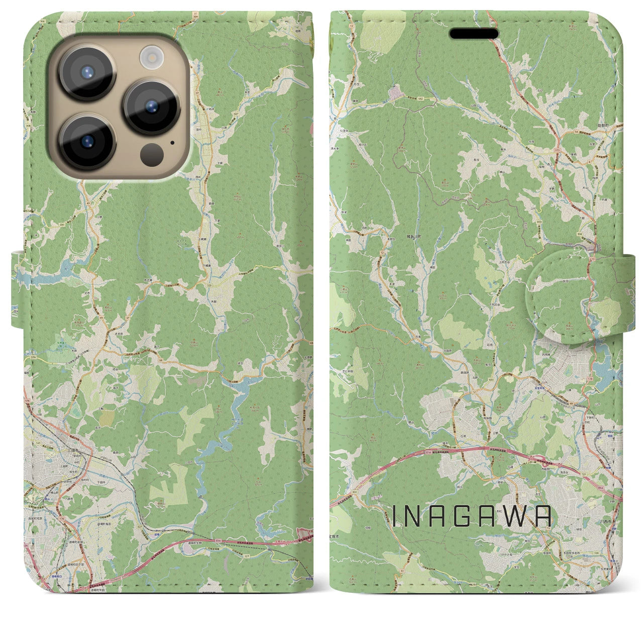 【猪名川(兵庫県)】地図柄iPhoneケース(手帳タイプ)ナチュラル・iPhone 14 Pro Max 用