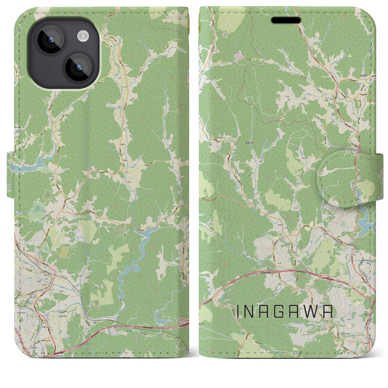【猪名川(兵庫県)】地図柄iPhoneケース(手帳タイプ)ナチュラル・iPhone 14 Plus 用