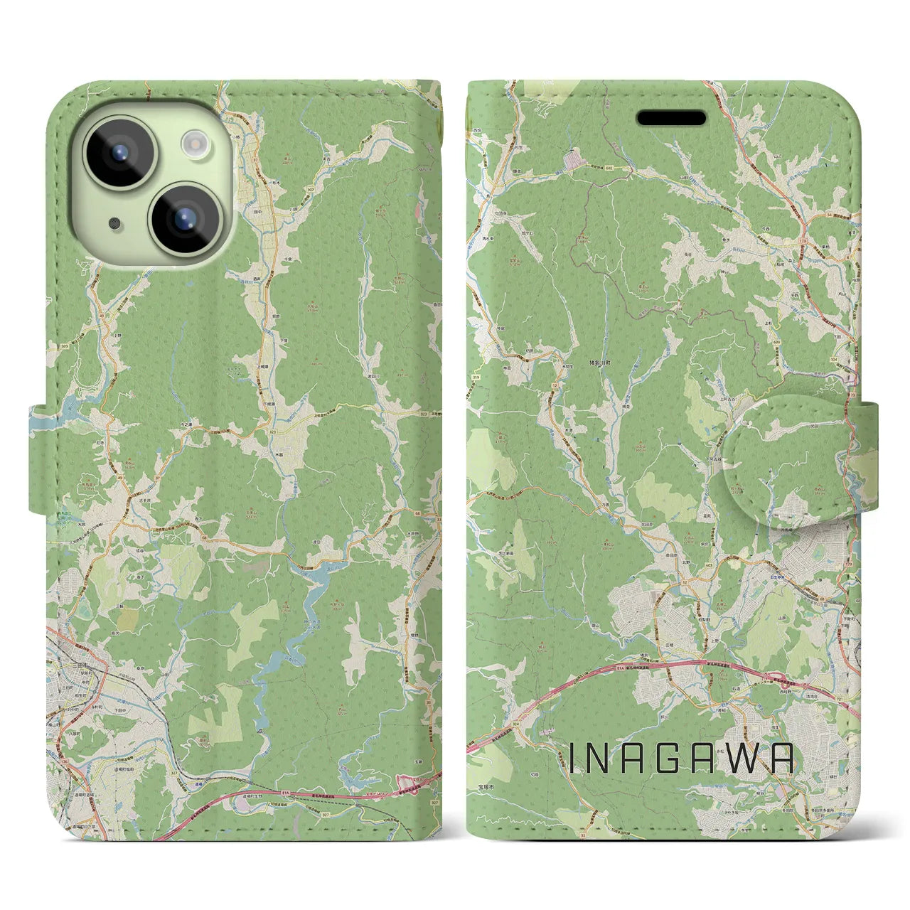 【猪名川(兵庫県)】地図柄iPhoneケース(手帳タイプ)ナチュラル・iPhone 15 用