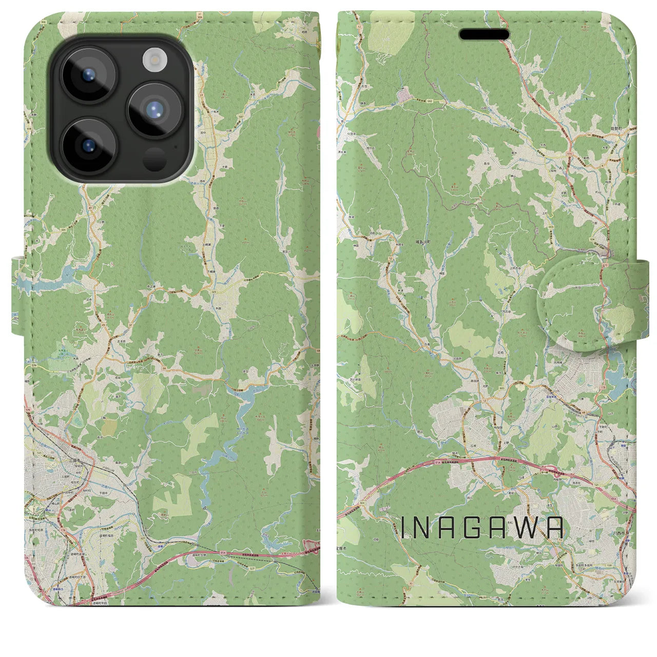 【猪名川(兵庫県)】地図柄iPhoneケース(手帳タイプ)ナチュラル・iPhone 15 Pro Max 用