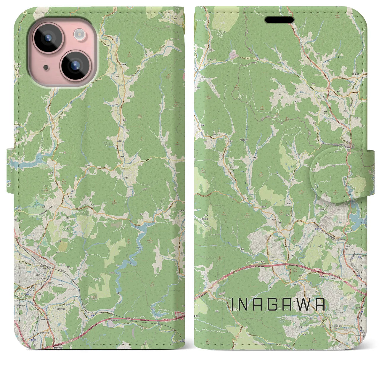 【猪名川(兵庫県)】地図柄iPhoneケース(手帳タイプ)ナチュラル・iPhone 15 Plus 用