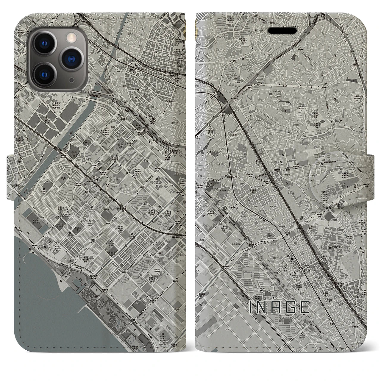 【稲毛(千葉県)】地図柄iPhoneケース(手帳タイプ)モノトーン・iPhone 11 Pro Max 用