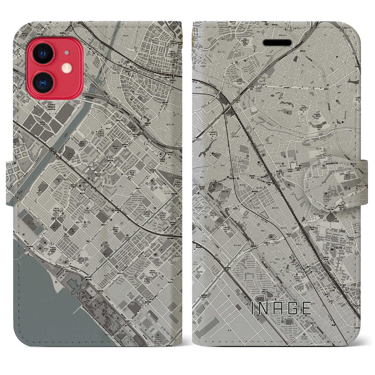 【稲毛(千葉県)】地図柄iPhoneケース(手帳タイプ)モノトーン・iPhone 11 用