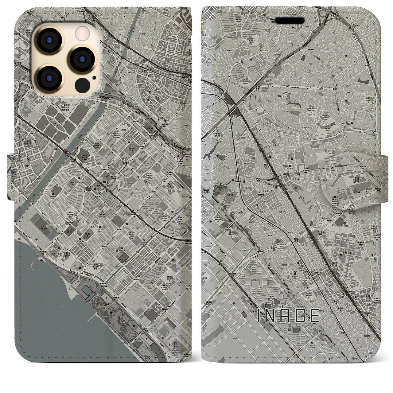 【稲毛(千葉県)】地図柄iPhoneケース(手帳タイプ)モノトーン・iPhone 12 Pro Max 用
