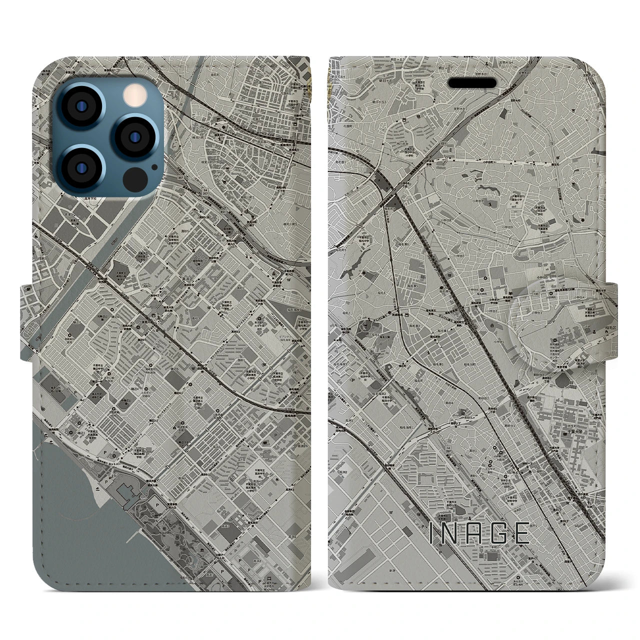 【稲毛(千葉県)】地図柄iPhoneケース(手帳タイプ)モノトーン・iPhone 12 / 12 Pro 用