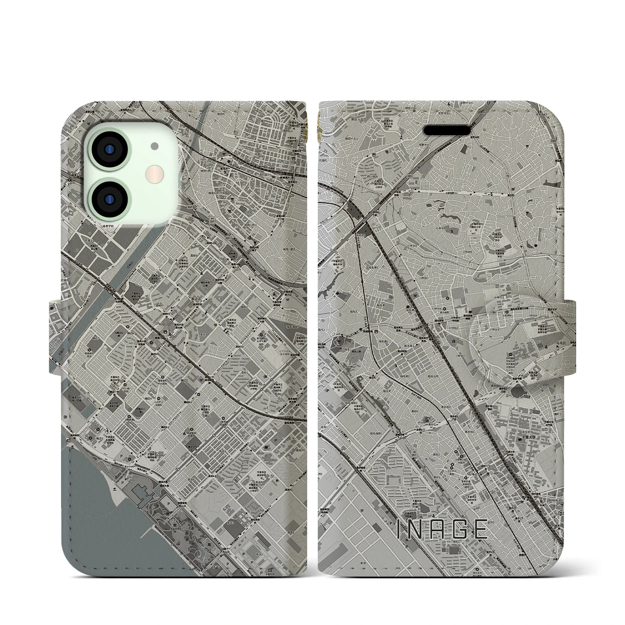 【稲毛(千葉県)】地図柄iPhoneケース(手帳タイプ)モノトーン・iPhone 12 mini 用