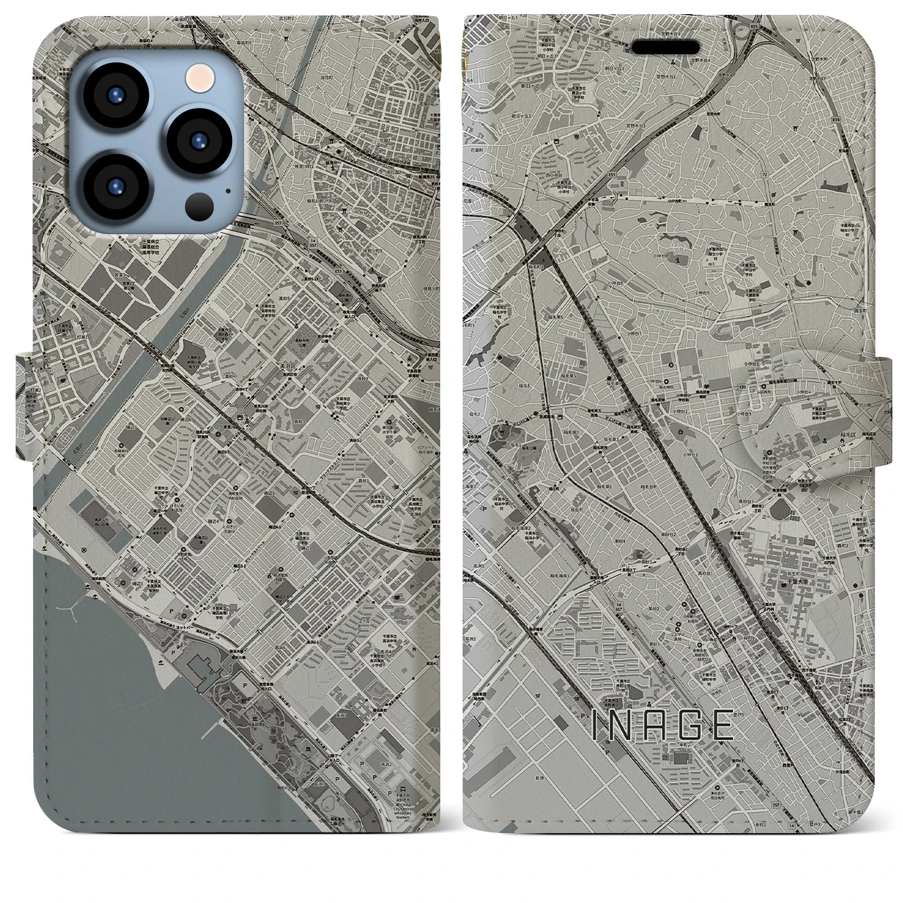 【稲毛(千葉県)】地図柄iPhoneケース(手帳タイプ)モノトーン・iPhone 13 Pro Max 用