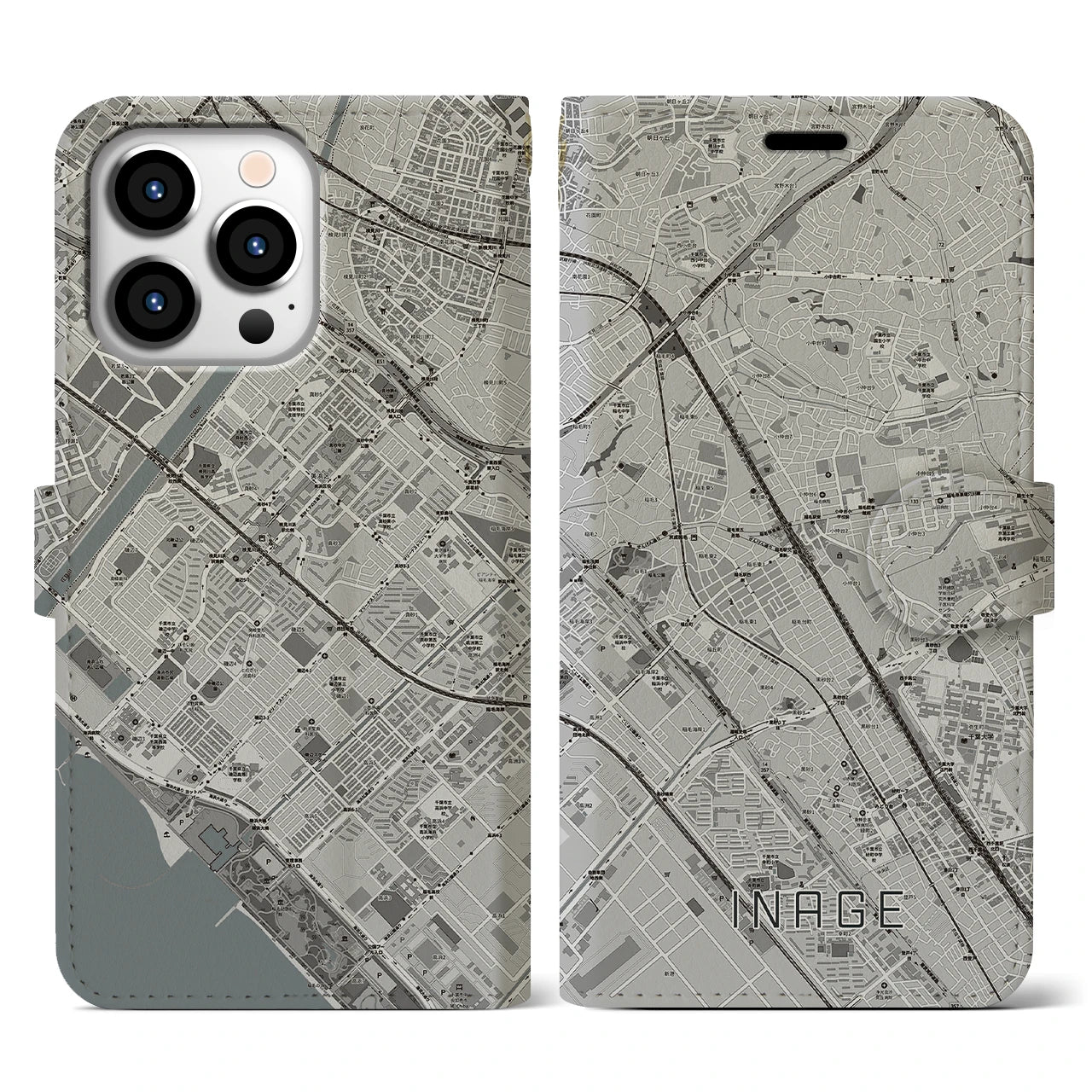 【稲毛(千葉県)】地図柄iPhoneケース(手帳タイプ)モノトーン・iPhone 13 Pro 用