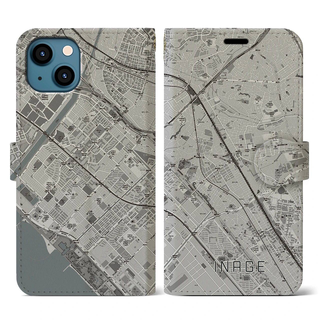 【稲毛(千葉県)】地図柄iPhoneケース(手帳タイプ)モノトーン・iPhone 13 用