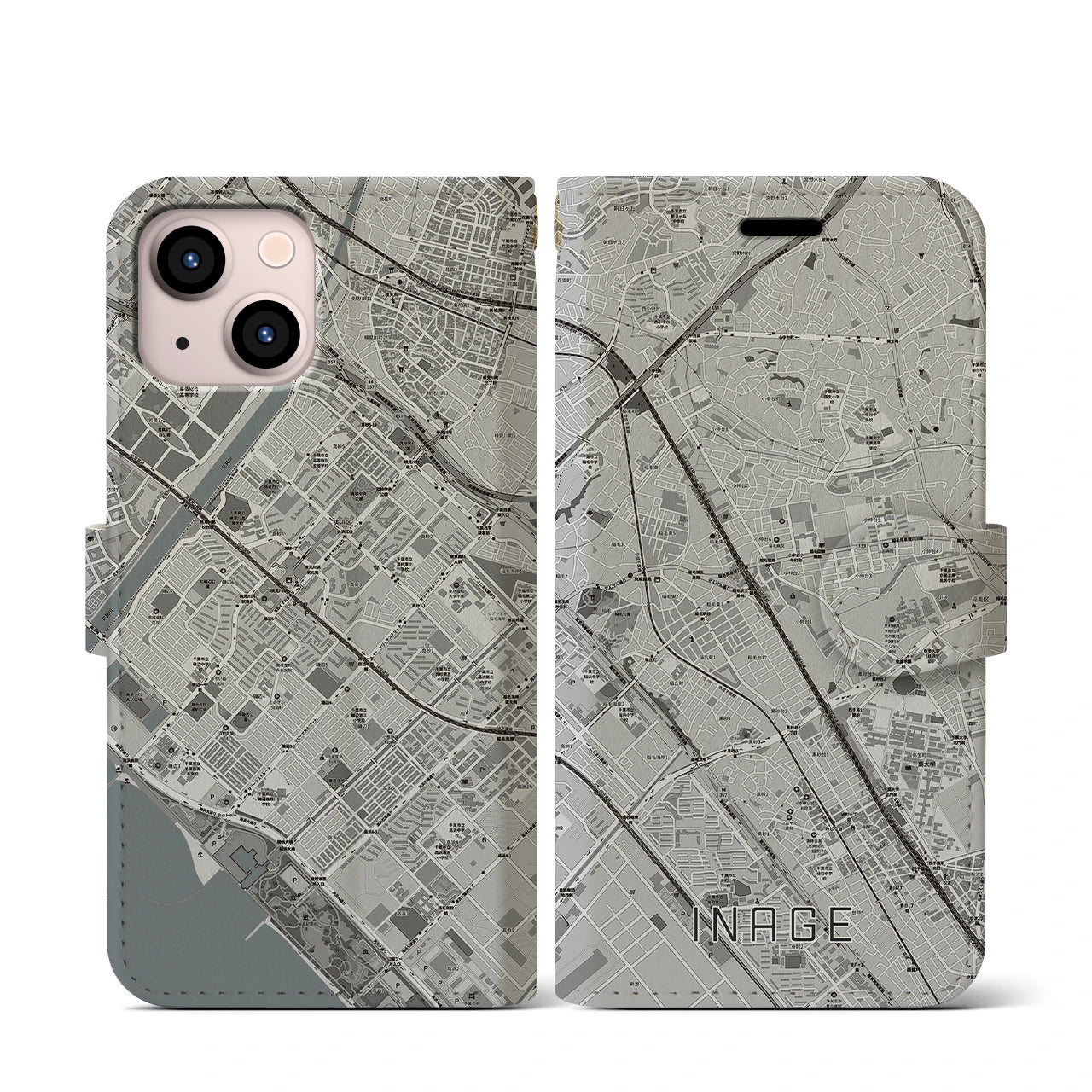 【稲毛(千葉県)】地図柄iPhoneケース(手帳タイプ)モノトーン・iPhone 13 mini 用