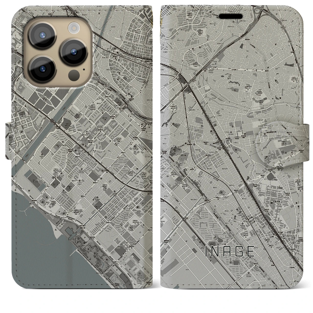 【稲毛(千葉県)】地図柄iPhoneケース(手帳タイプ)モノトーン・iPhone 14 Pro Max 用