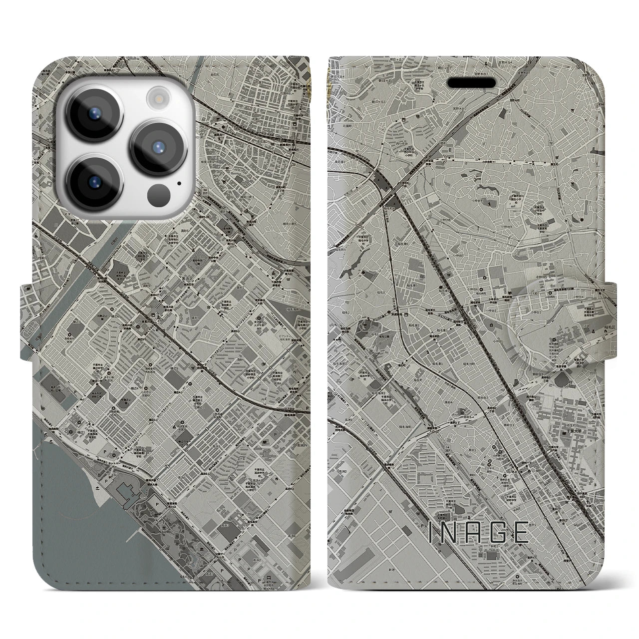【稲毛(千葉県)】地図柄iPhoneケース(手帳タイプ)モノトーン・iPhone 14 Pro 用
