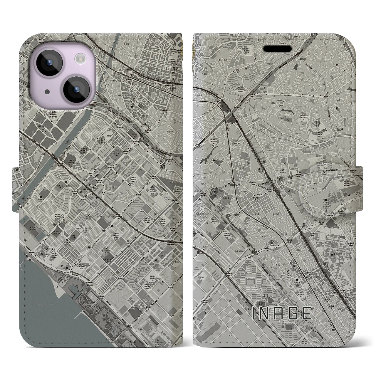 【稲毛(千葉県)】地図柄iPhoneケース(手帳タイプ)モノトーン・iPhone 14 用