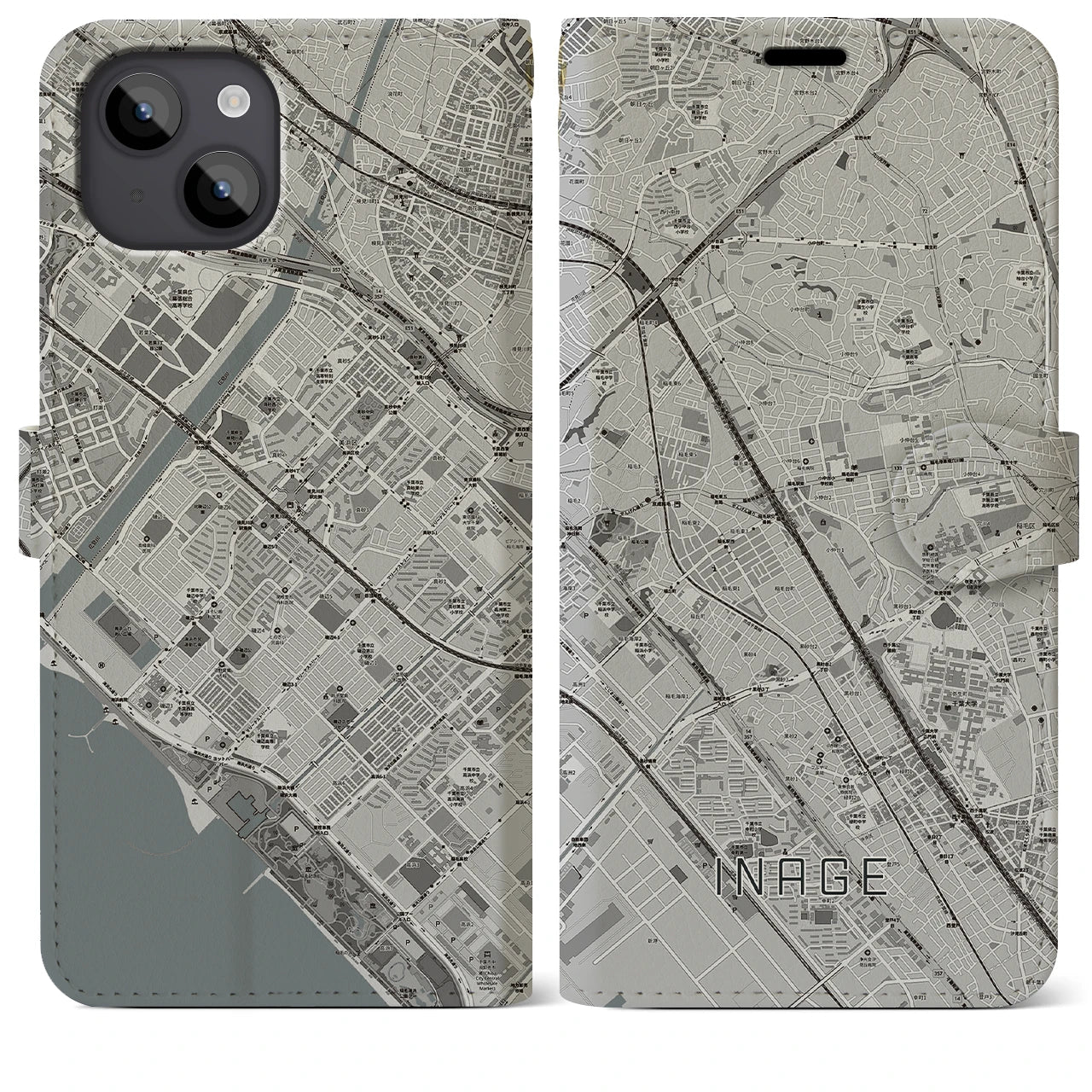 【稲毛(千葉県)】地図柄iPhoneケース(手帳タイプ)モノトーン・iPhone 14 Plus 用