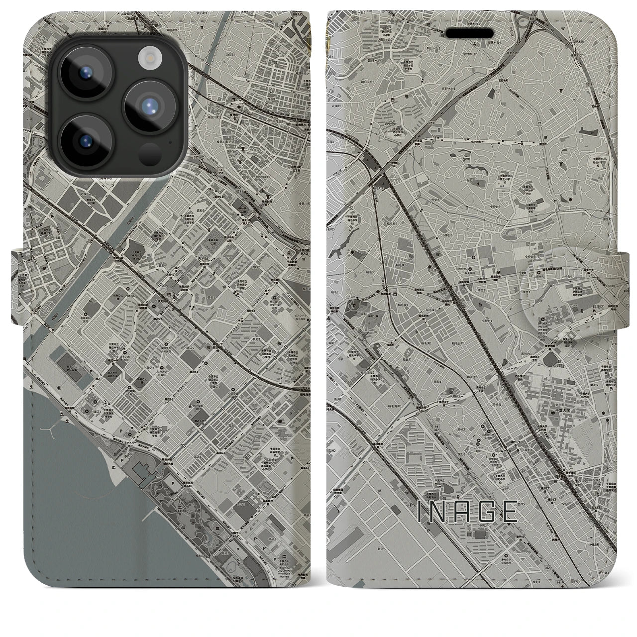 【稲毛(千葉県)】地図柄iPhoneケース(手帳タイプ)モノトーン・iPhone 15 Pro Max 用