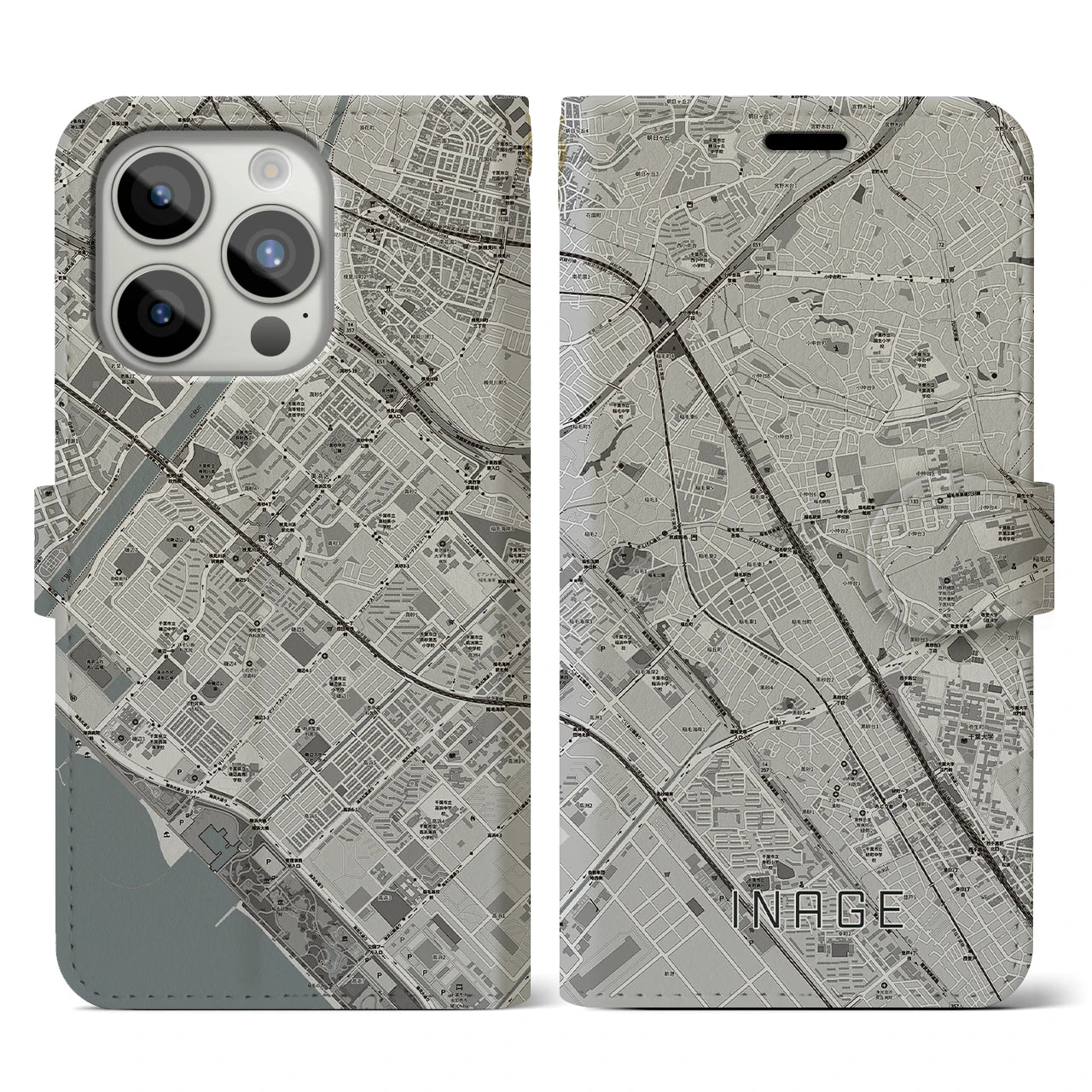【稲毛(千葉県)】地図柄iPhoneケース(手帳タイプ)モノトーン・iPhone 15 Pro 用