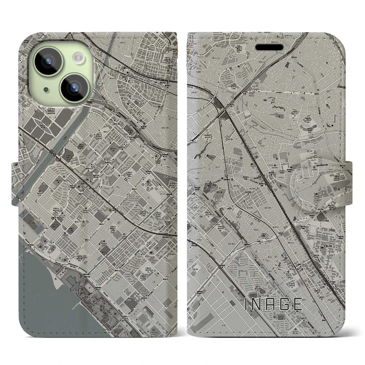 【稲毛(千葉県)】地図柄iPhoneケース(手帳タイプ)モノトーン・iPhone 15 用