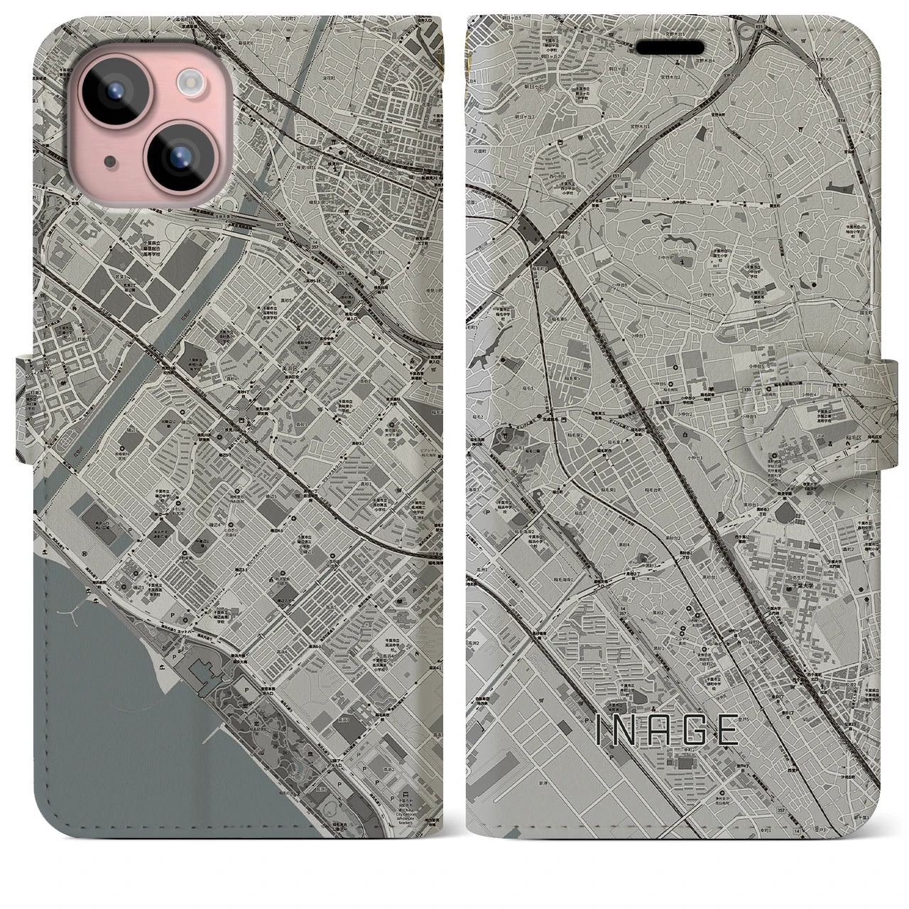 【稲毛(千葉県)】地図柄iPhoneケース(手帳タイプ)モノトーン・iPhone 15 Plus 用