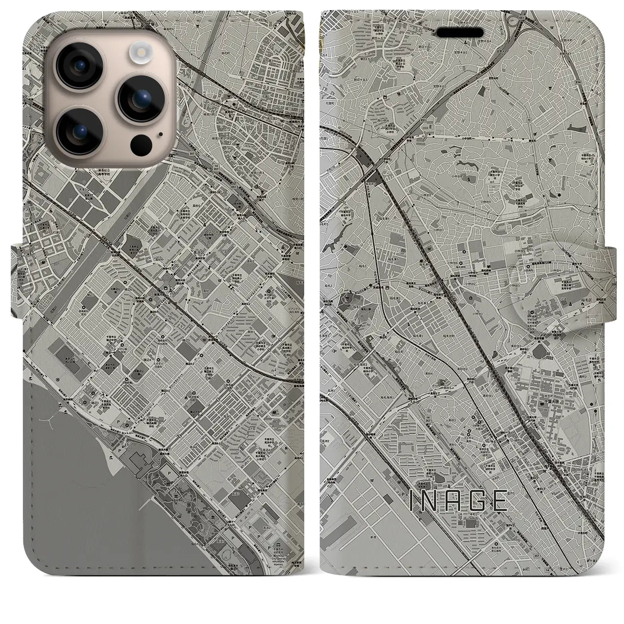 【稲毛(千葉県)】地図柄iPhoneケース(手帳タイプ)モノトーン・iPhone 16 Plus 用