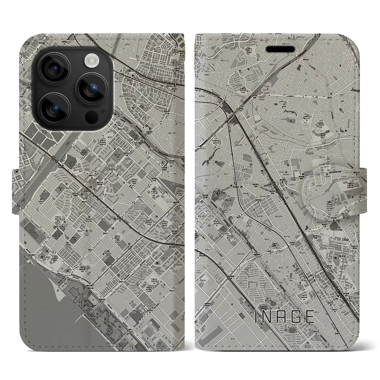 【稲毛(千葉県)】地図柄iPhoneケース(手帳タイプ)モノトーン・iPhone 16 用