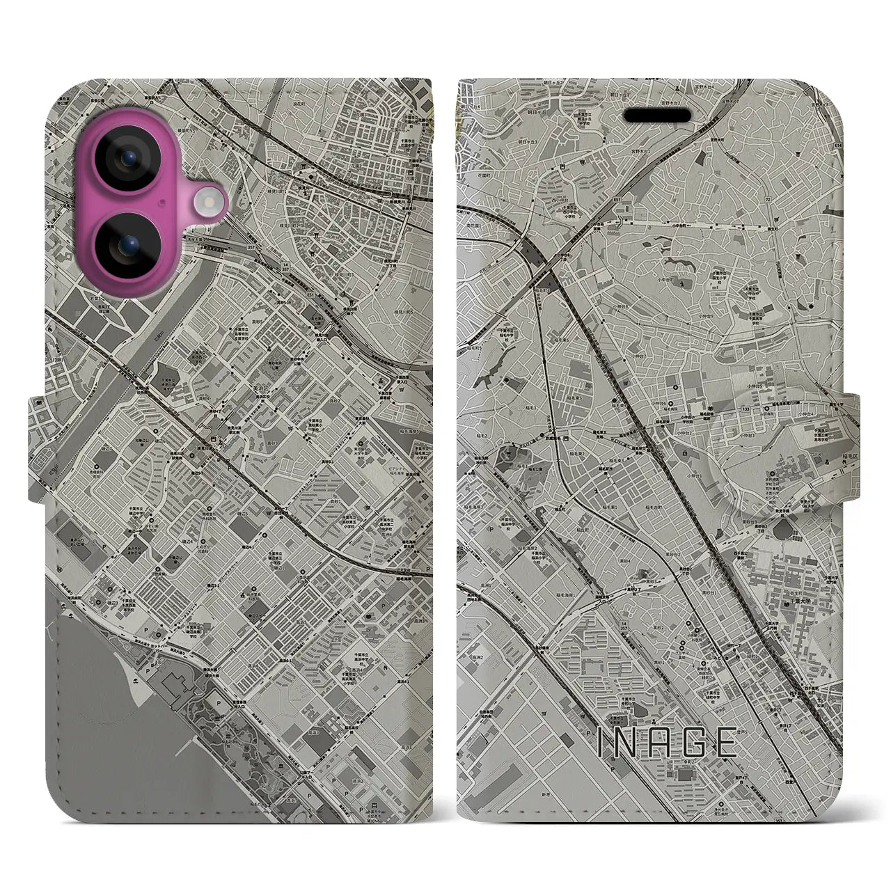 【稲毛(千葉県)】地図柄iPhoneケース(手帳タイプ)モノトーン・iPhone 16 Pro 用