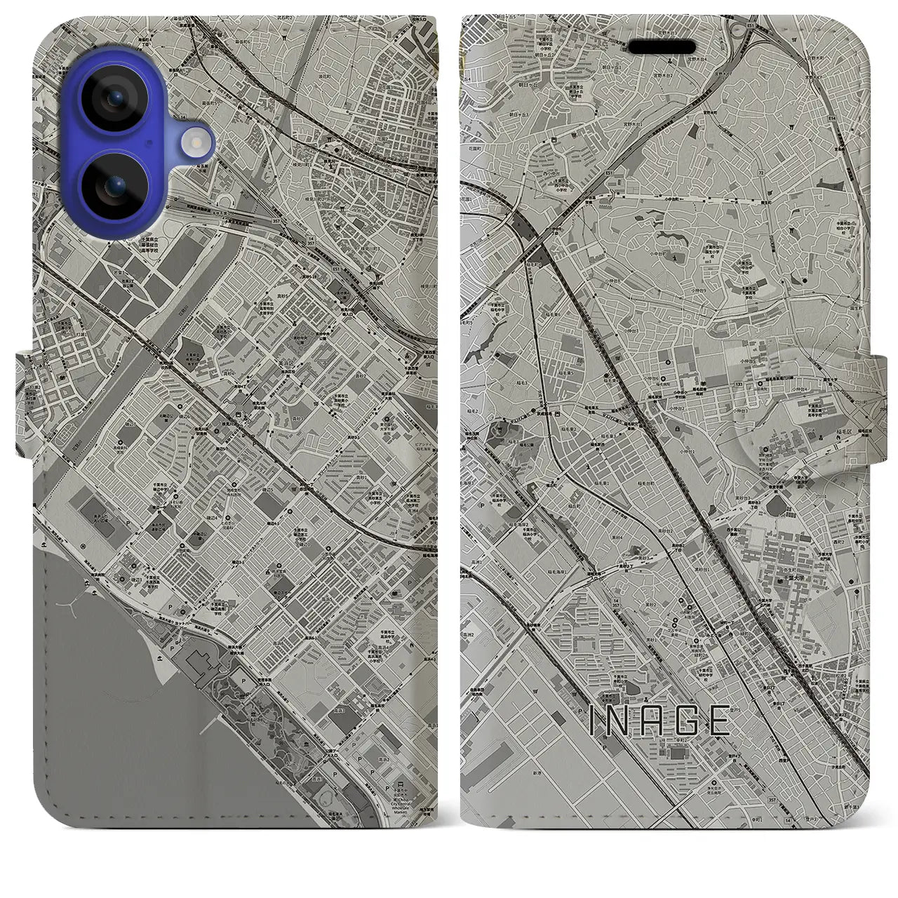 【稲毛(千葉県)】地図柄iPhoneケース(手帳タイプ)モノトーン・iPhone 16 Pro Max 用