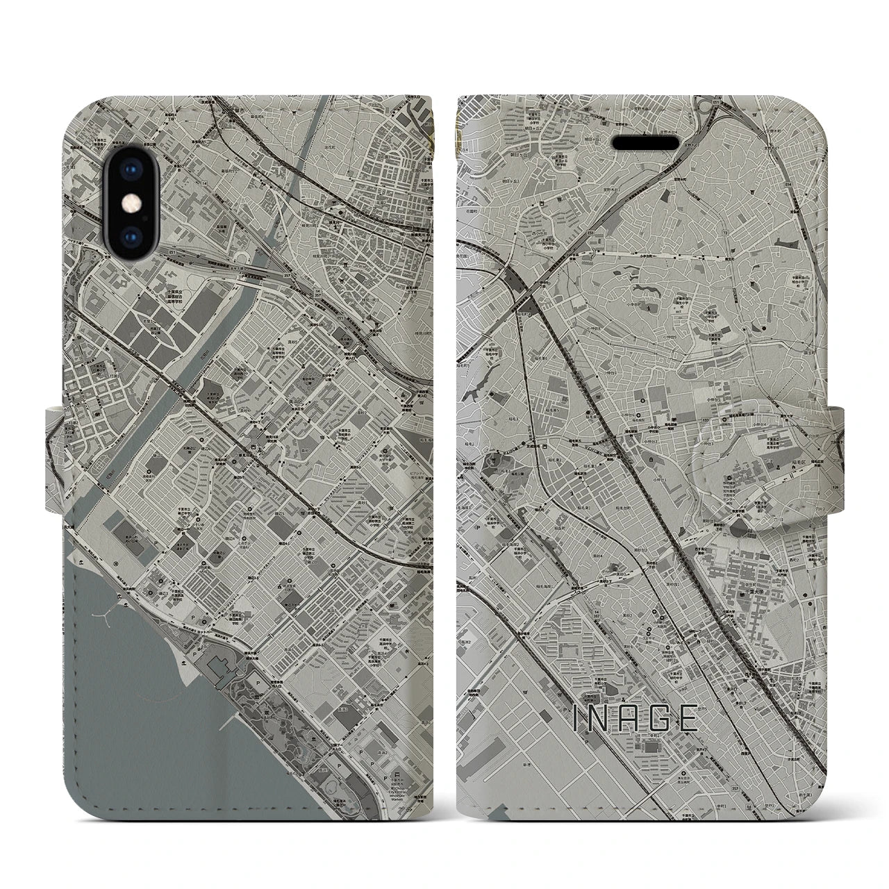 【稲毛(千葉県)】地図柄iPhoneケース(手帳タイプ)モノトーン・iPhone XS / X 用