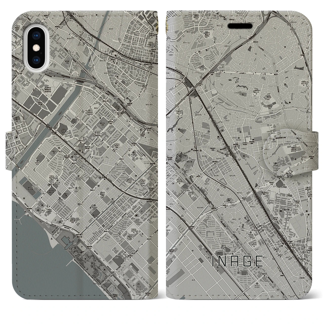 【稲毛(千葉県)】地図柄iPhoneケース(手帳タイプ)モノトーン・iPhone XS Max 用