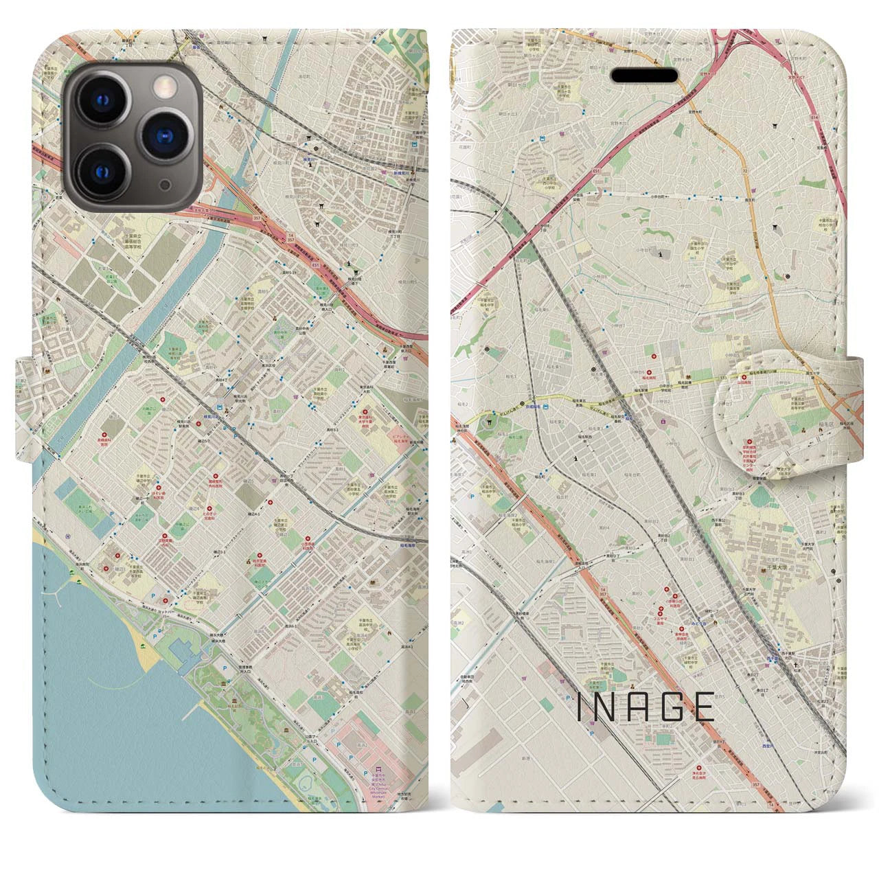 【稲毛(千葉県)】地図柄iPhoneケース(手帳タイプ)ナチュラル・iPhone 11 Pro Max 用
