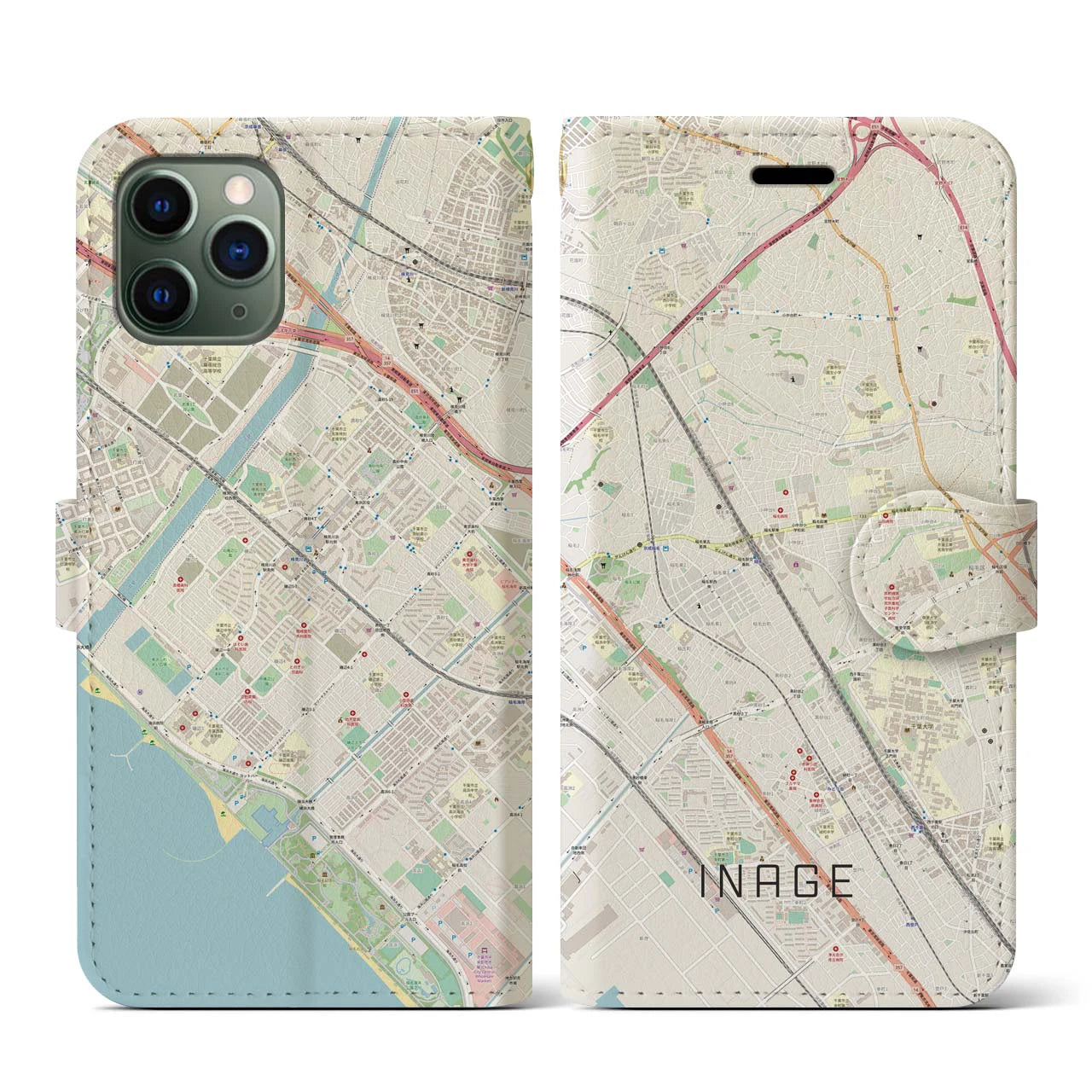 【稲毛(千葉県)】地図柄iPhoneケース(手帳タイプ)ナチュラル・iPhone 11 Pro 用
