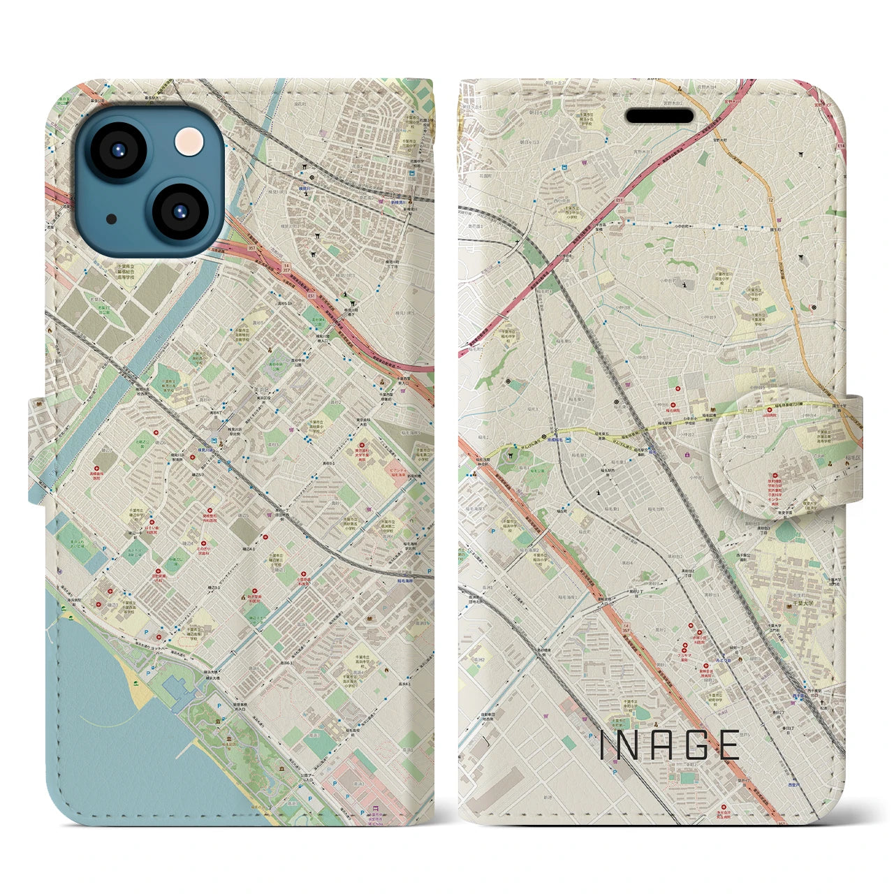 【稲毛(千葉県)】地図柄iPhoneケース(手帳タイプ)