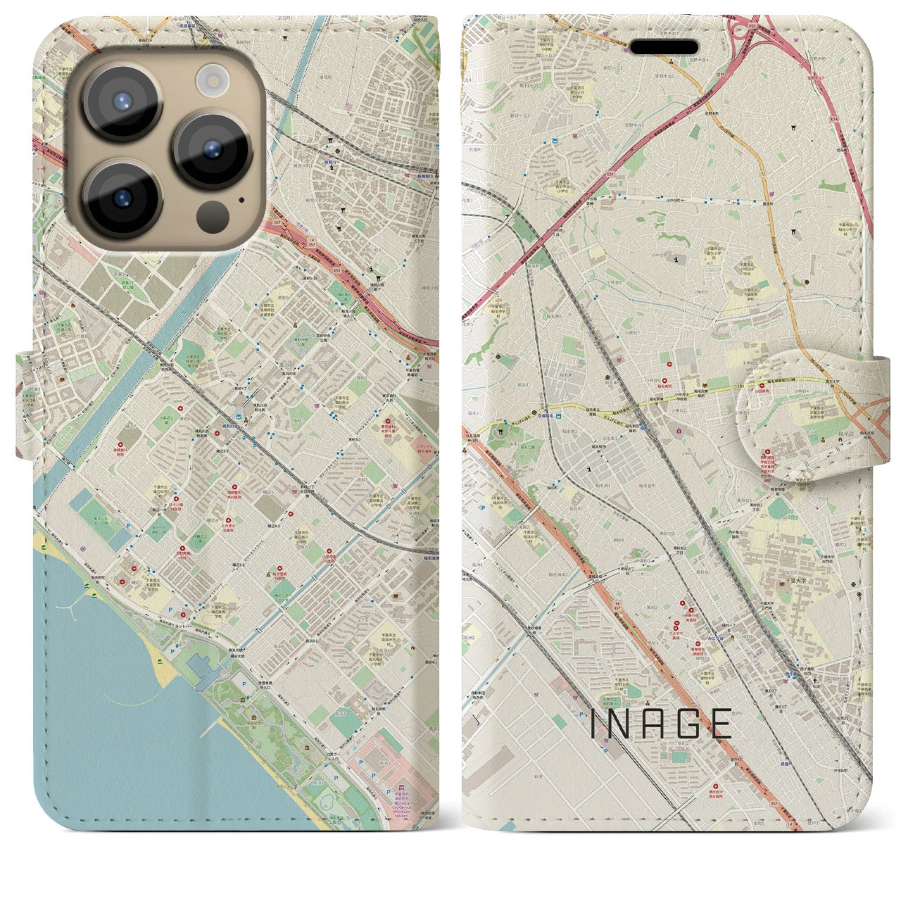 【稲毛(千葉県)】地図柄iPhoneケース(手帳タイプ)ナチュラル・iPhone 14 Pro Max 用