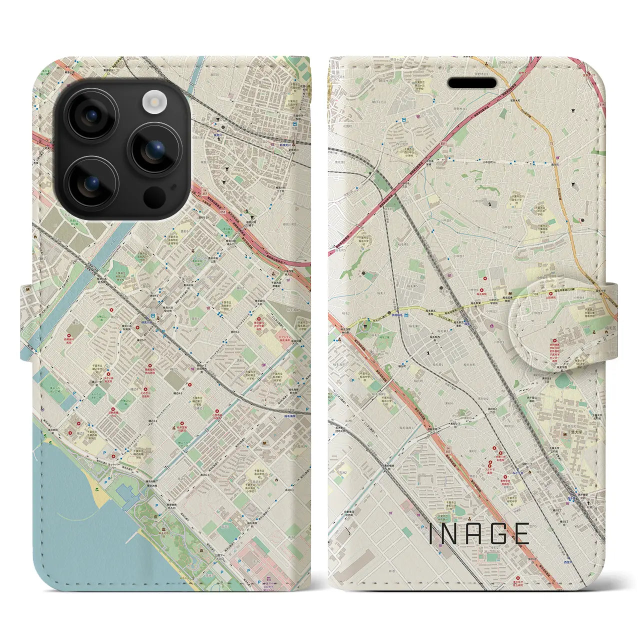 【稲毛(千葉県)】地図柄iPhoneケース(手帳タイプ)ナチュラル・iPhone 16 用