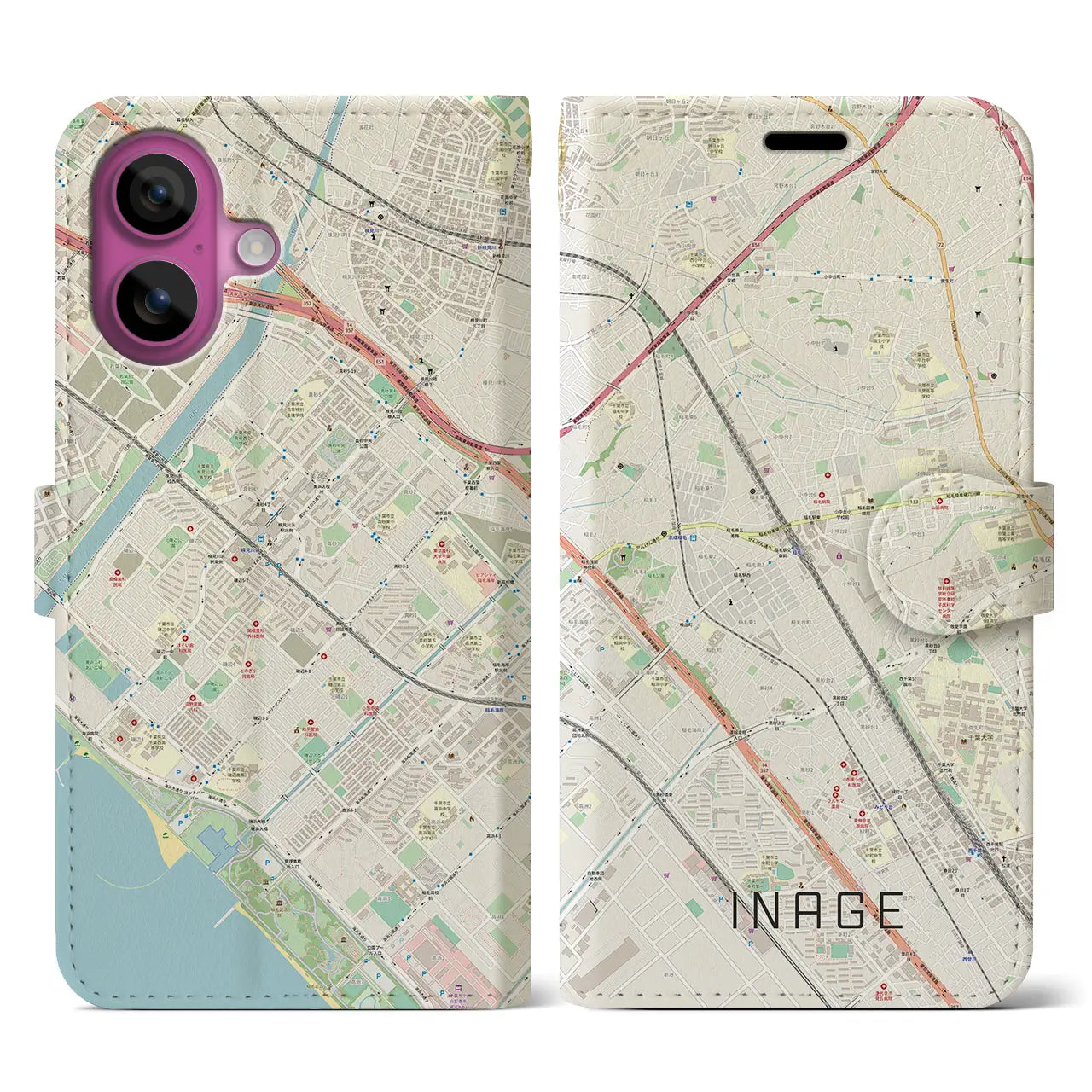 【稲毛(千葉県)】地図柄iPhoneケース(手帳タイプ)ナチュラル・iPhone 16 Pro 用