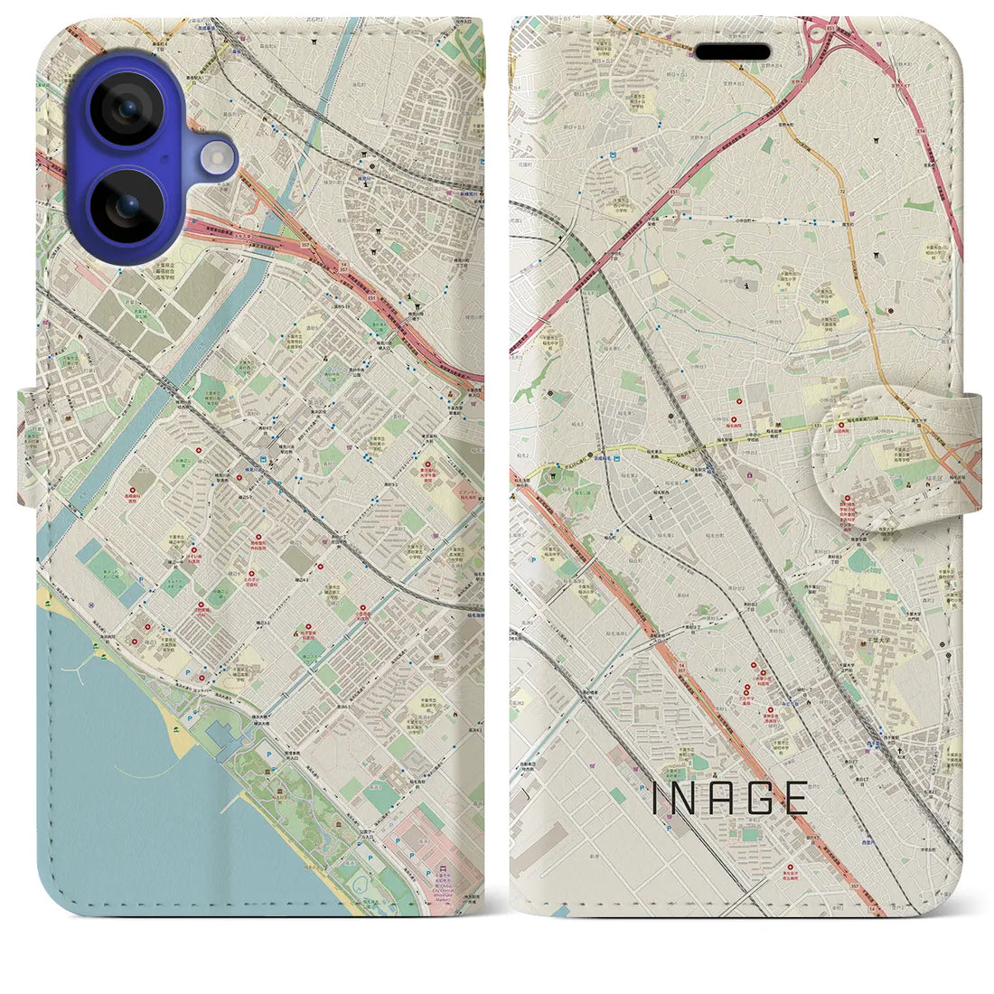 【稲毛(千葉県)】地図柄iPhoneケース(手帳タイプ)ナチュラル・iPhone 16 Pro Max 用