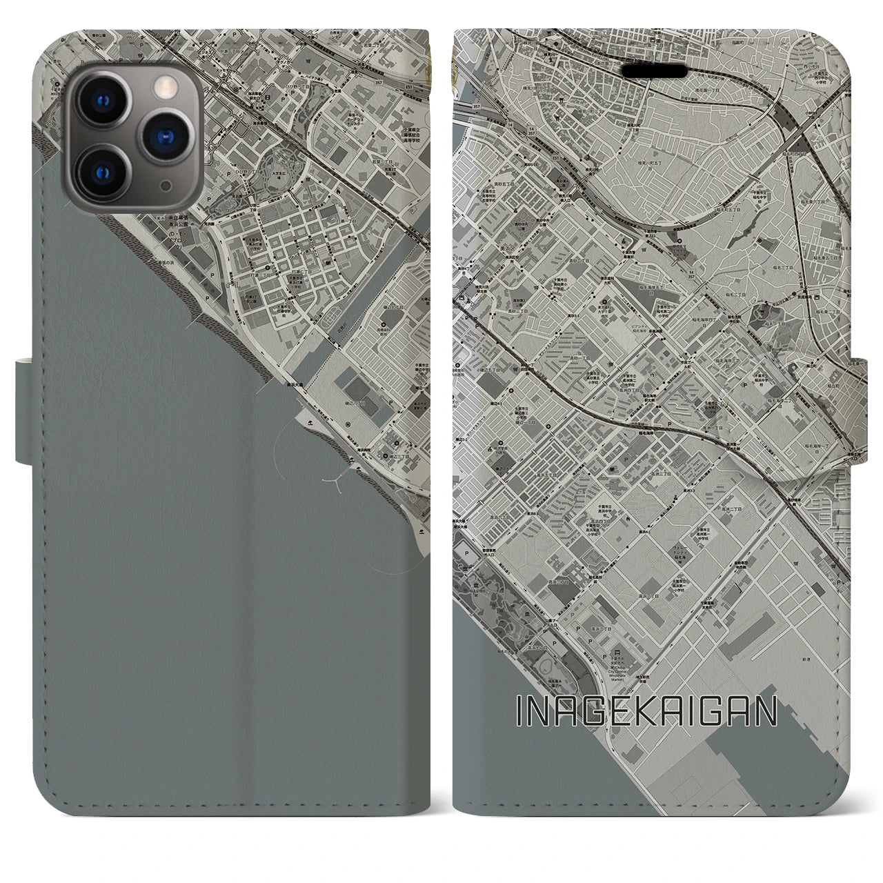 【稲毛海岸(千葉県)】地図柄iPhoneケース(手帳タイプ)モノトーン・iPhone 11 Pro Max 用