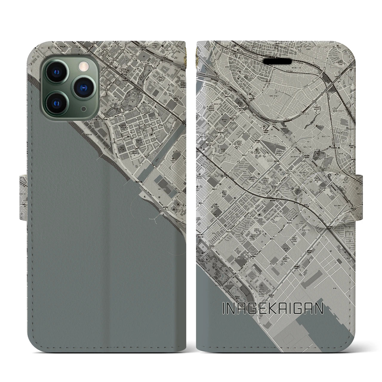 【稲毛海岸(千葉県)】地図柄iPhoneケース(手帳タイプ)モノトーン・iPhone 11 Pro 用