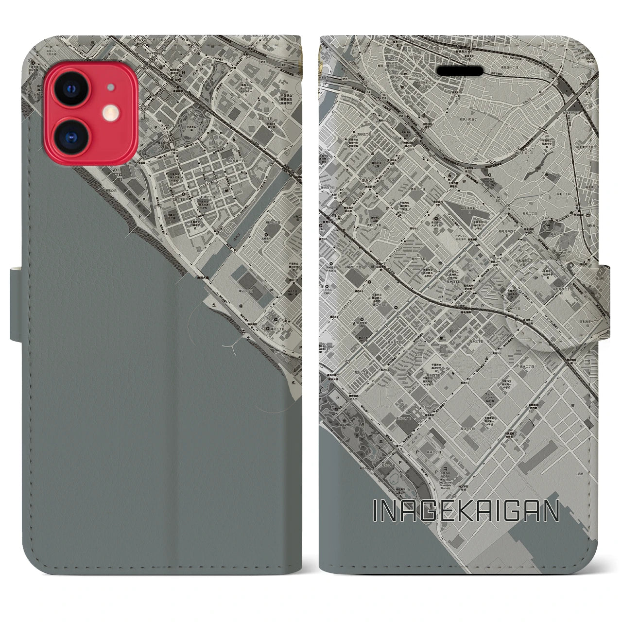 【稲毛海岸(千葉県)】地図柄iPhoneケース(手帳タイプ)モノトーン・iPhone 11 用