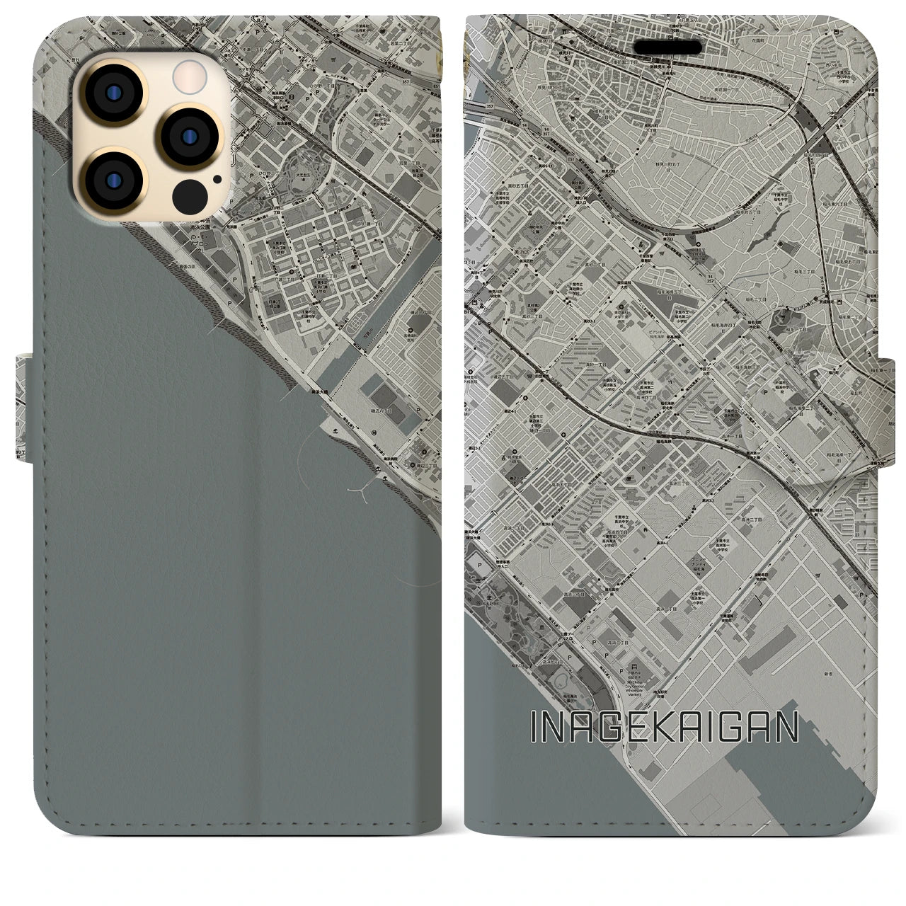 【稲毛海岸(千葉県)】地図柄iPhoneケース(手帳タイプ)モノトーン・iPhone 12 Pro Max 用