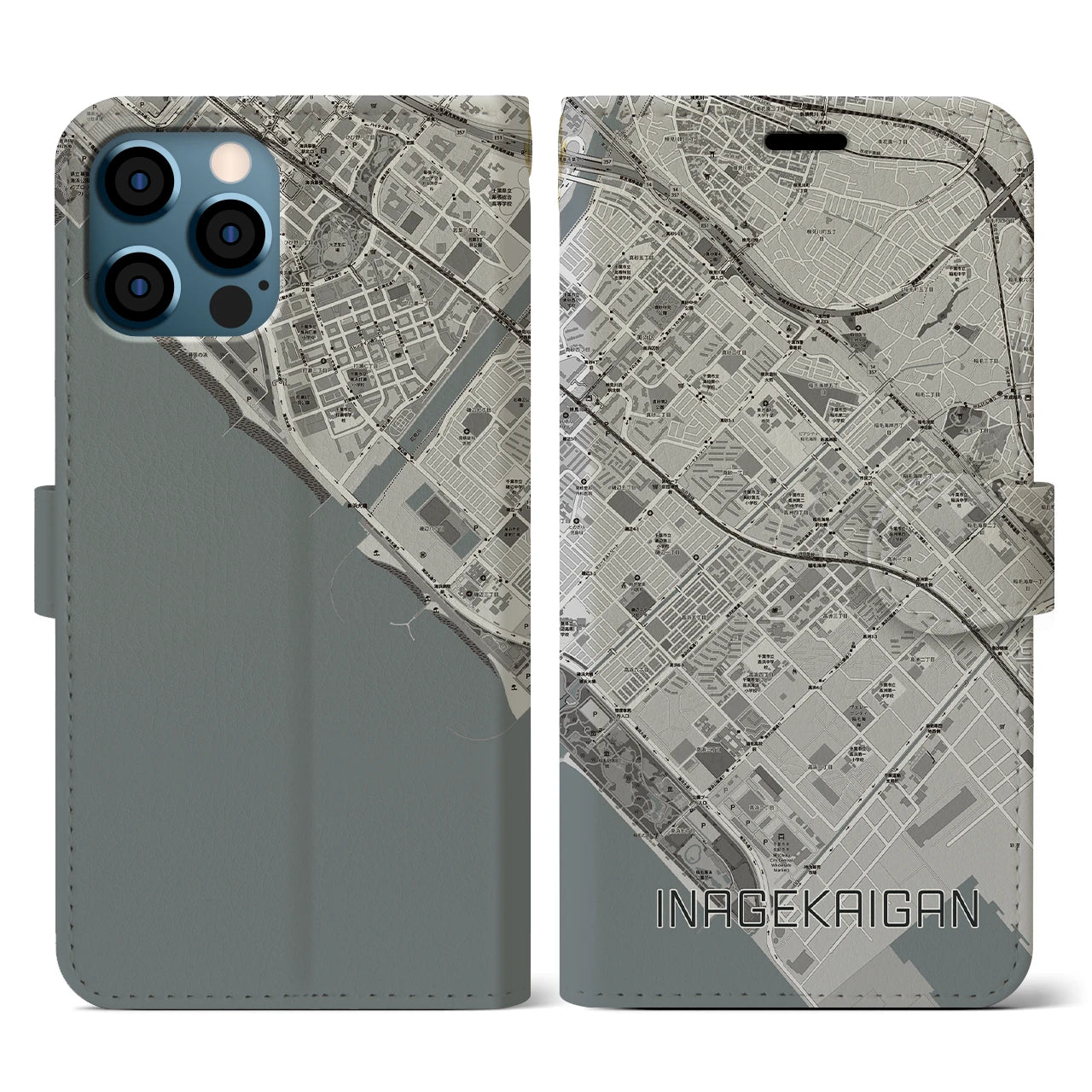 【稲毛海岸(千葉県)】地図柄iPhoneケース(手帳タイプ)モノトーン・iPhone 12 / 12 Pro 用